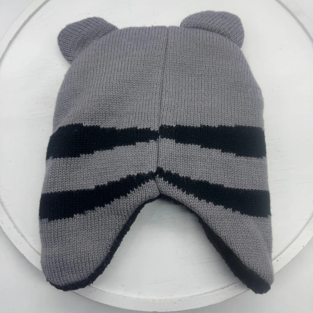 Kids Raccoon Knit Trapper Hat Gray Black Fleece Lined Animal Beanie RN119333